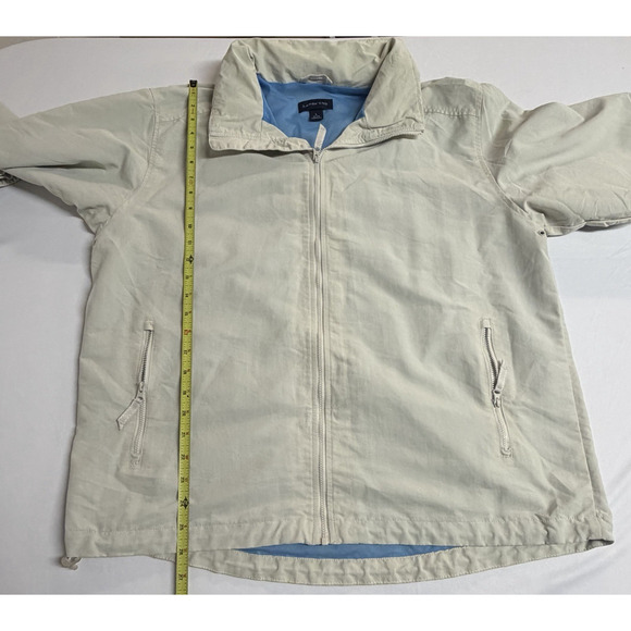 Men's Lands End Hooded Cream Colored Full Zip Windbreaker Size Large Zip Pockets - Picture 15 of 15